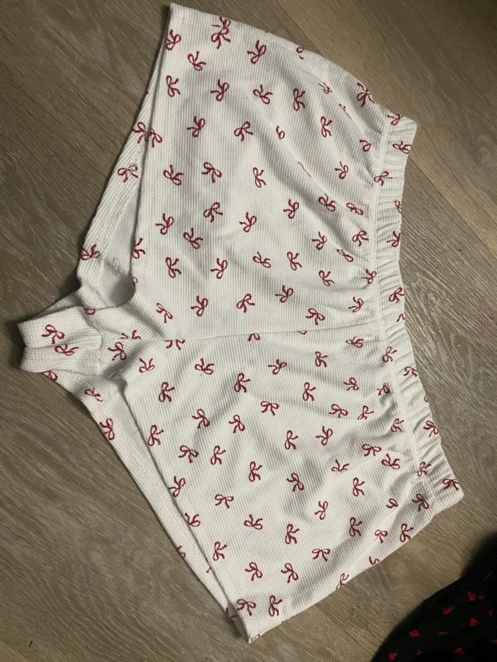 White Knit Shorts with Red Bow Print